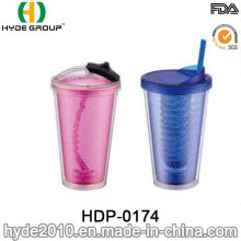 Grossiste Gobelet en plastique à double paroi sans BPA avec paille (HDP-0174)